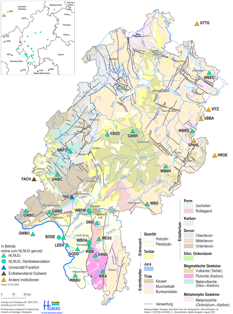 Karte mit den Standorten von Erdbebenmessstationen in Hessen