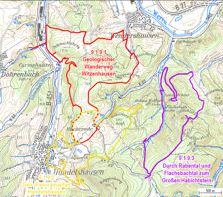 Abb. 59: Die GeoTouren südlich von Witzenhausen (Kap. 9.1.9) – ein Überblick. Abb. 59: Die GeoTouren südlich von Witzenhausen (Kap. 9.1.9) – ein Überblick.