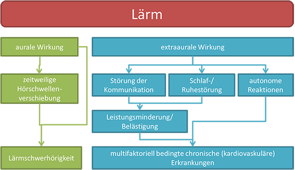 Abbildung: Schema gesundheitlicher Wirkung von Lärm. Abbildung modifiziert nach (Kloepfer, 2006).