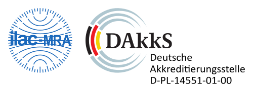 Logo der DAkkS, inklusiver der Akkreditierungsnummer des HLNUG, Dezernat I2