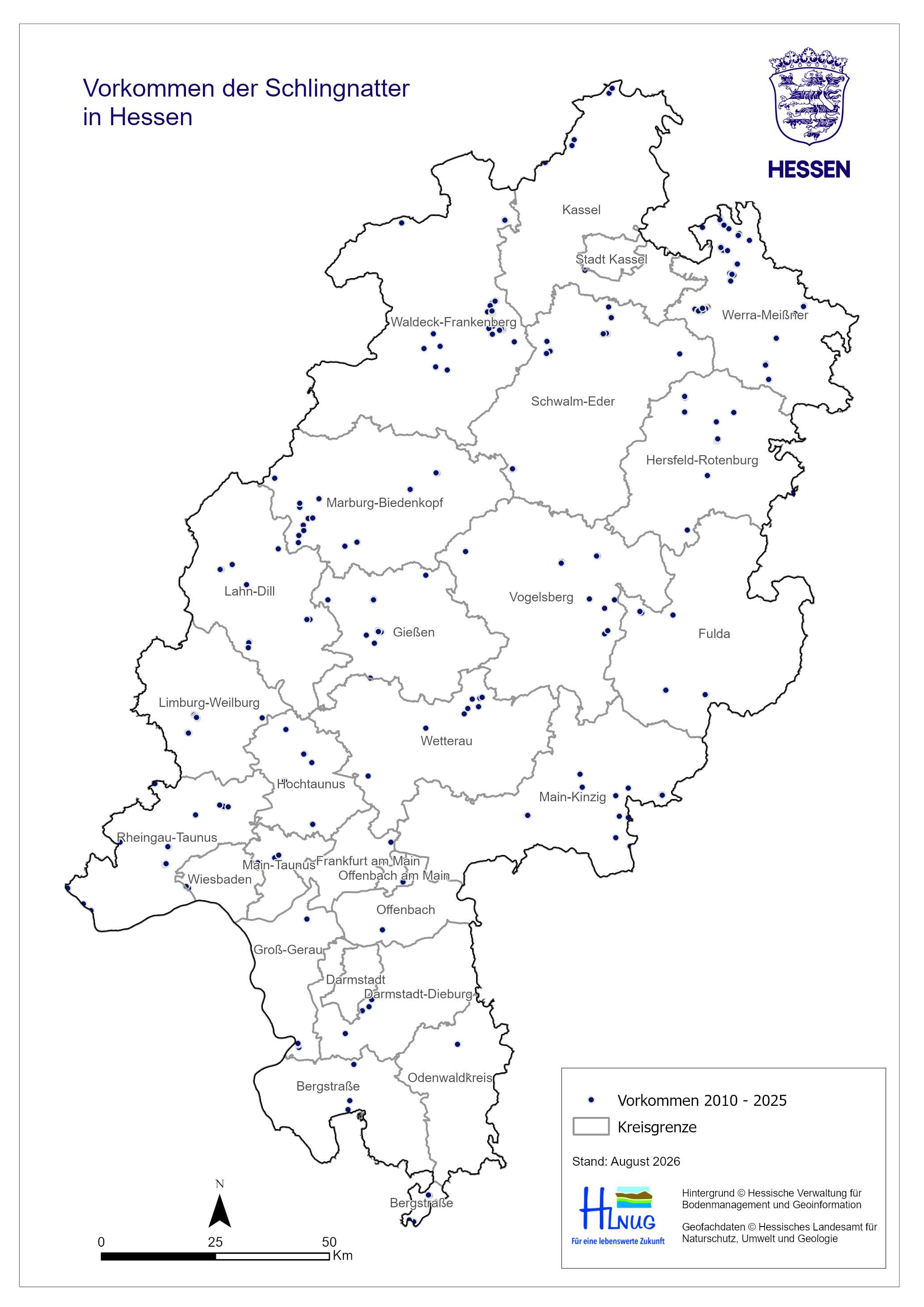 Karte zur Verbreitung der Schlingnatter in Hessen.