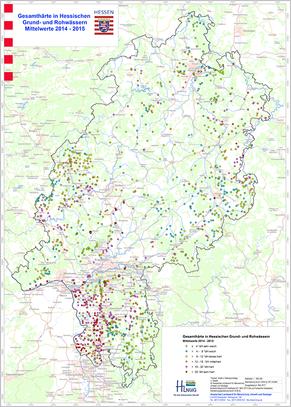 Karte zur Gesamthärte in hessischen Grund- und Rohwässern