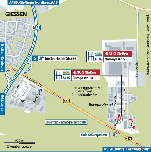 Kartenausschnitt der Standorte in Gießen